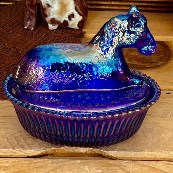 Horse Covered Candy Dish - Cobalt Carnival - 2 Piece Glass Horse on Ribbed Vase - Picture 3 of 5